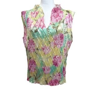 Vintage NICOLA Women Floral Pleated Sleeveless Bubble Top Peony Silky Shirt Sz M